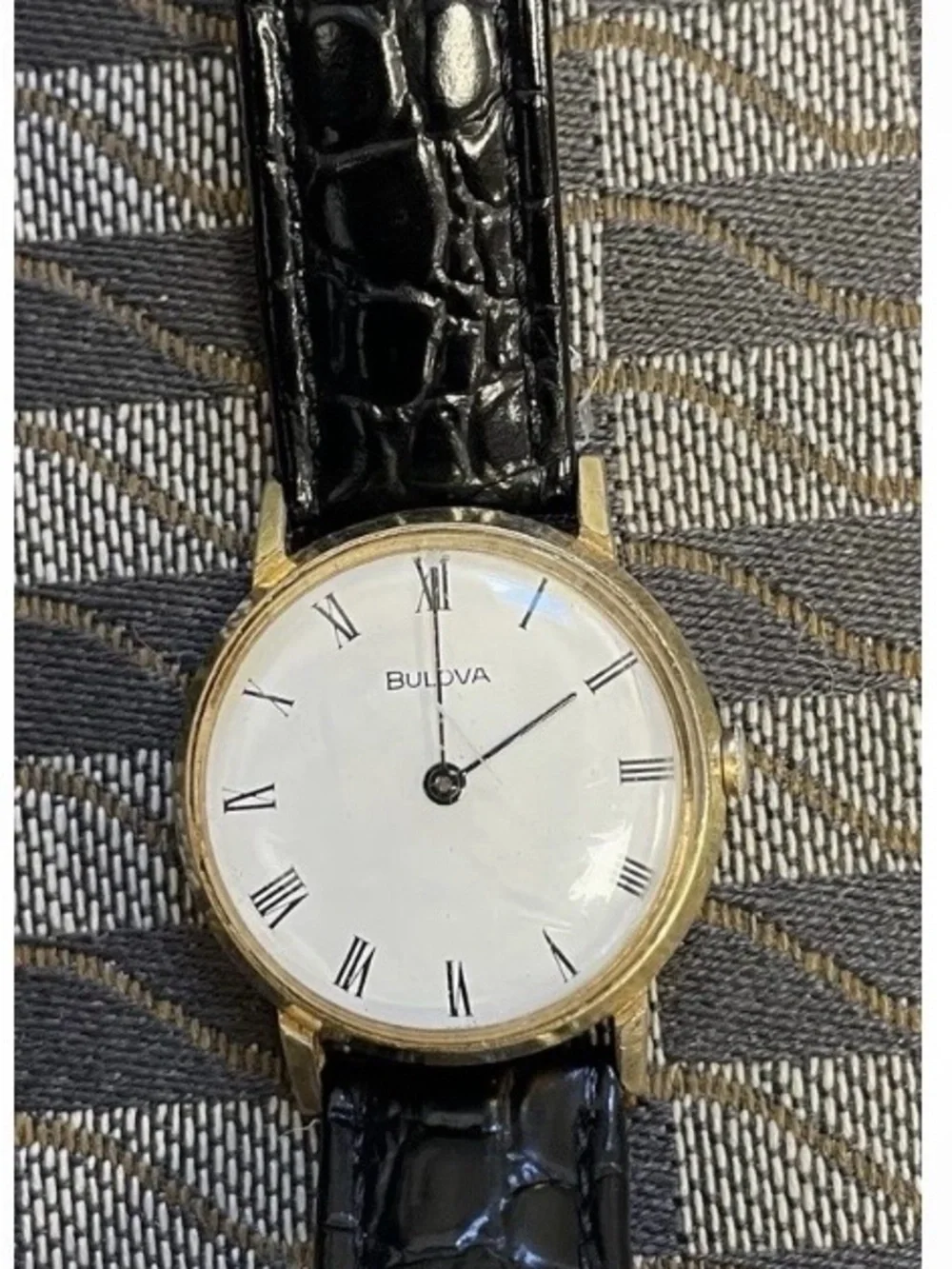 Vintage Bulova Men’s Gold Case Watch with Black Croc Leather Strap